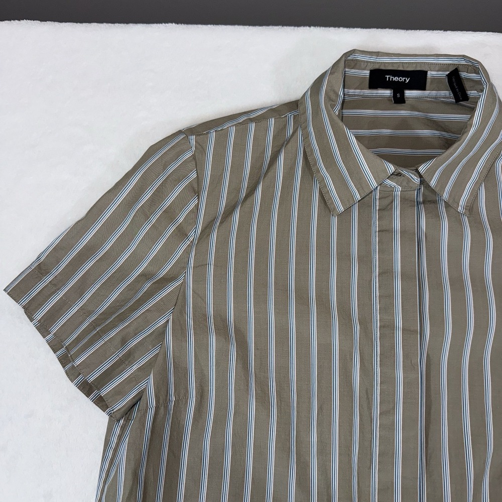 Theory Shirt Dress Size Small Beige Ribbon Stripe Button Down Pockets Poplin - Picture 4 of 15